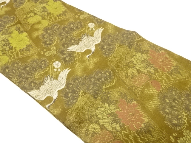 アンティーク　鶴に読み本・草花模様織り出し丸帯（材料）